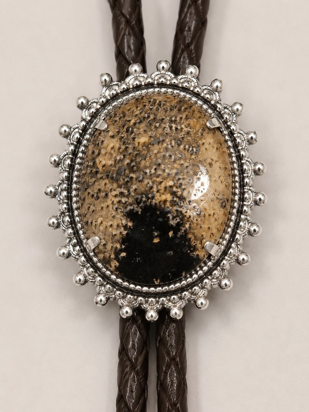 Vintage Jasper Style Stone Bolo Tie Silver Tone Western Cowboy Rodeo